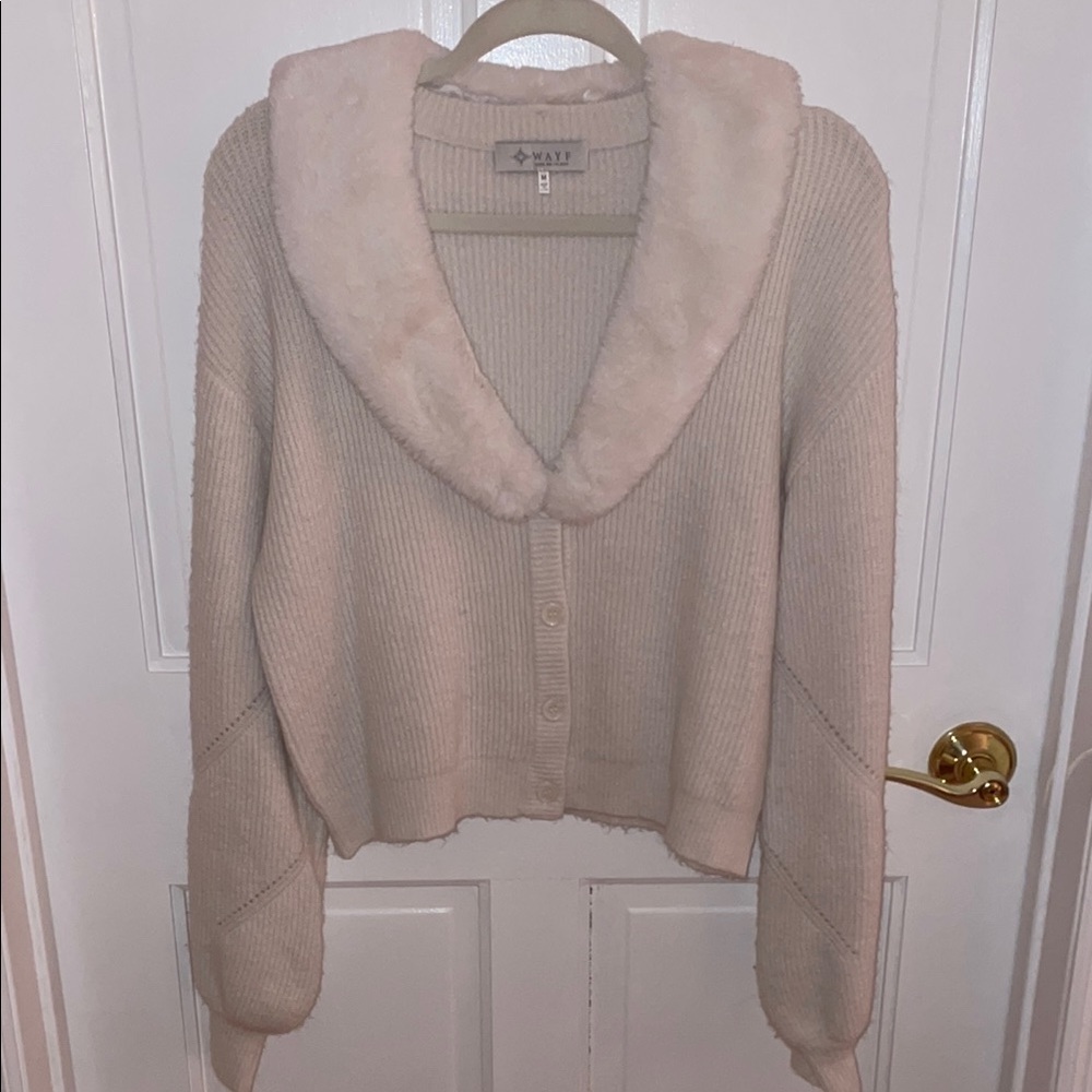 Wayf Cream Cardigan with Faux Fur Collar